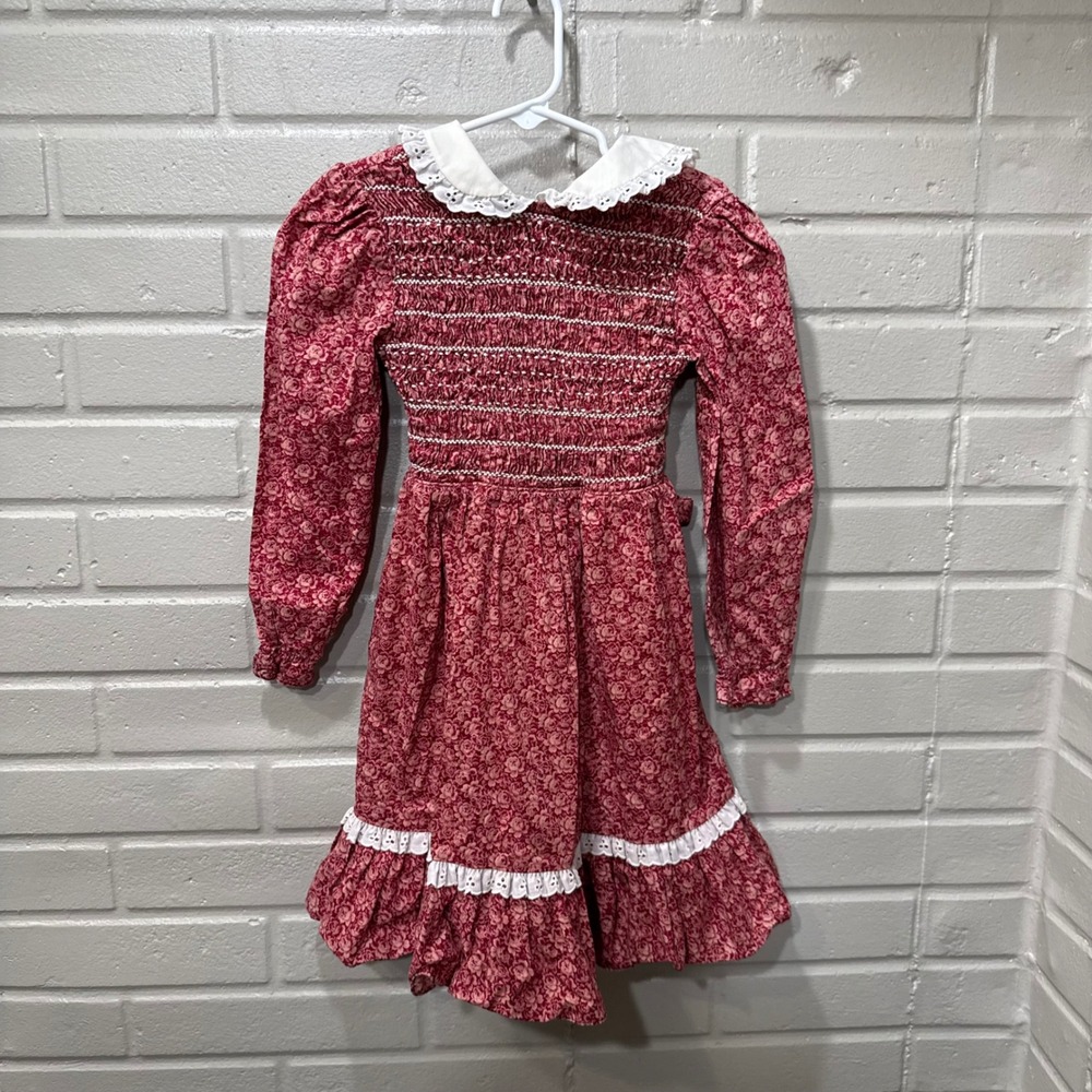 Vintage Polly Flinders Girls 6X Hand Smocked Floral Prairie Dress Lace Collar